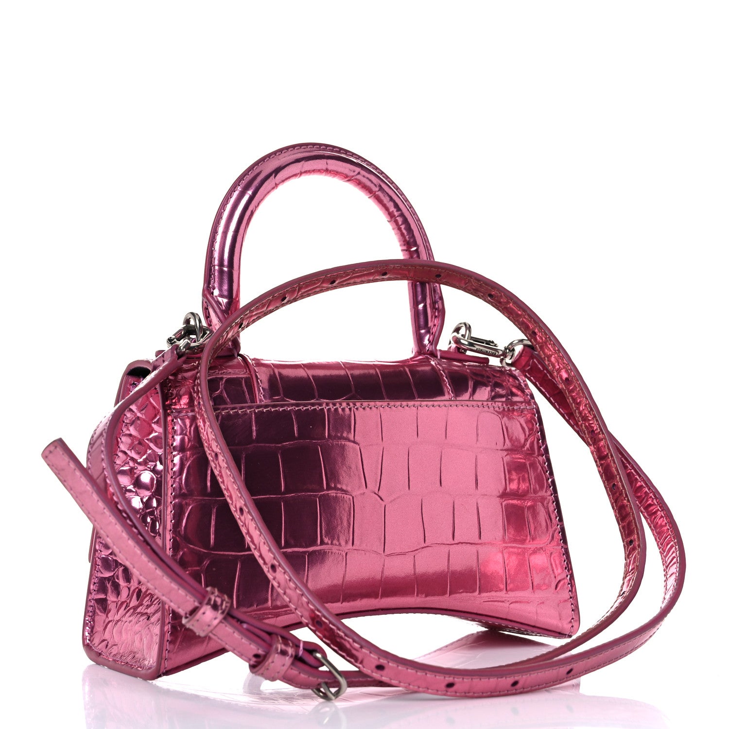 Balenciaga Metallic Shiny Calfskin Crocodile Embossed Hourglass Top Handle Bag XS Pink 3 of 18