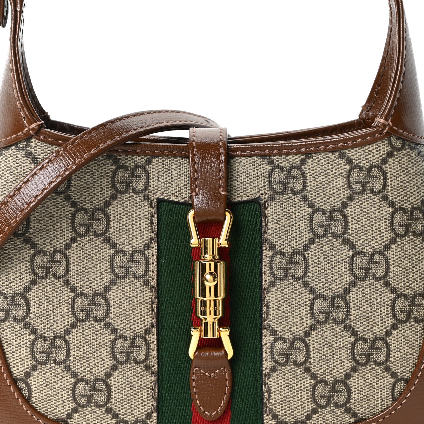 GG Supreme Monogram Azalea Calfskin Web Mini Jackie 1961 Hobo Beige Ebony Brown Sugar