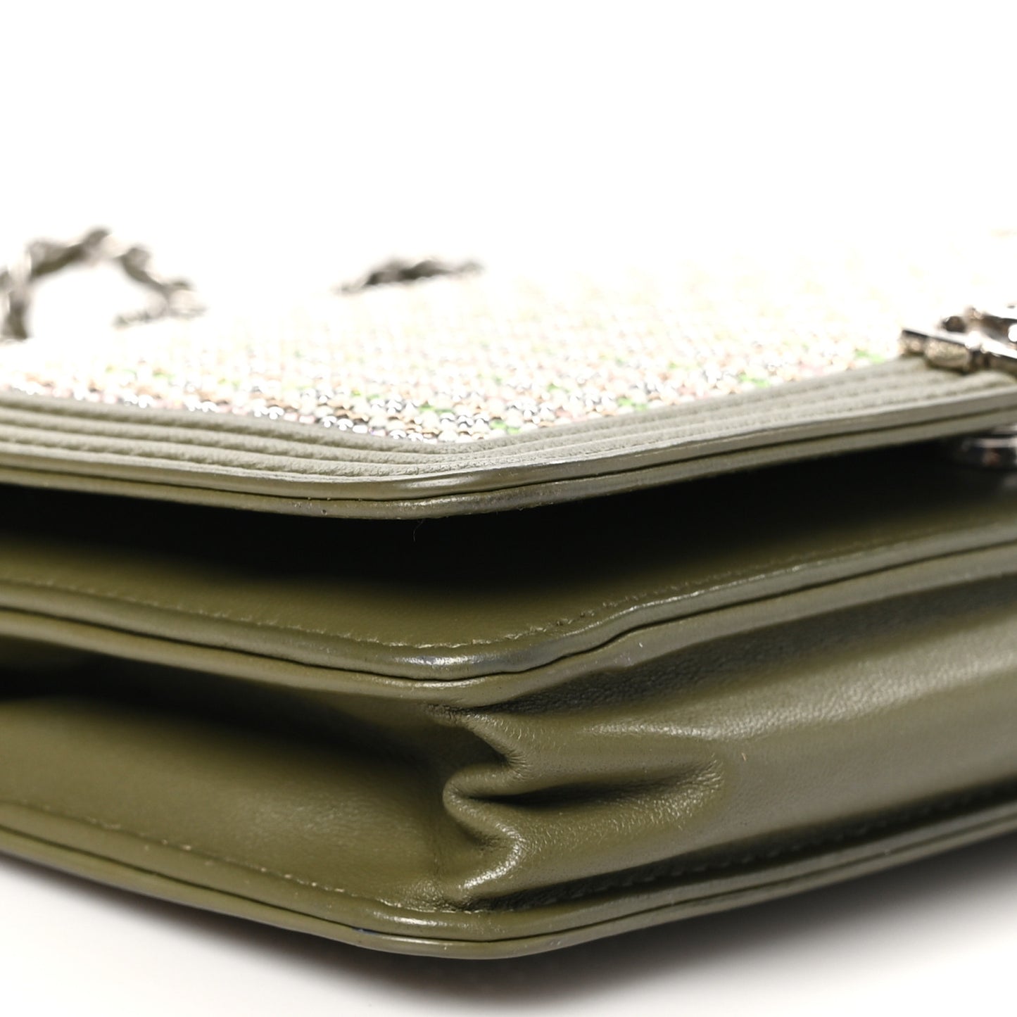 Calfskin Crystal Studded Boy Wallet On Chain WOC Khaki