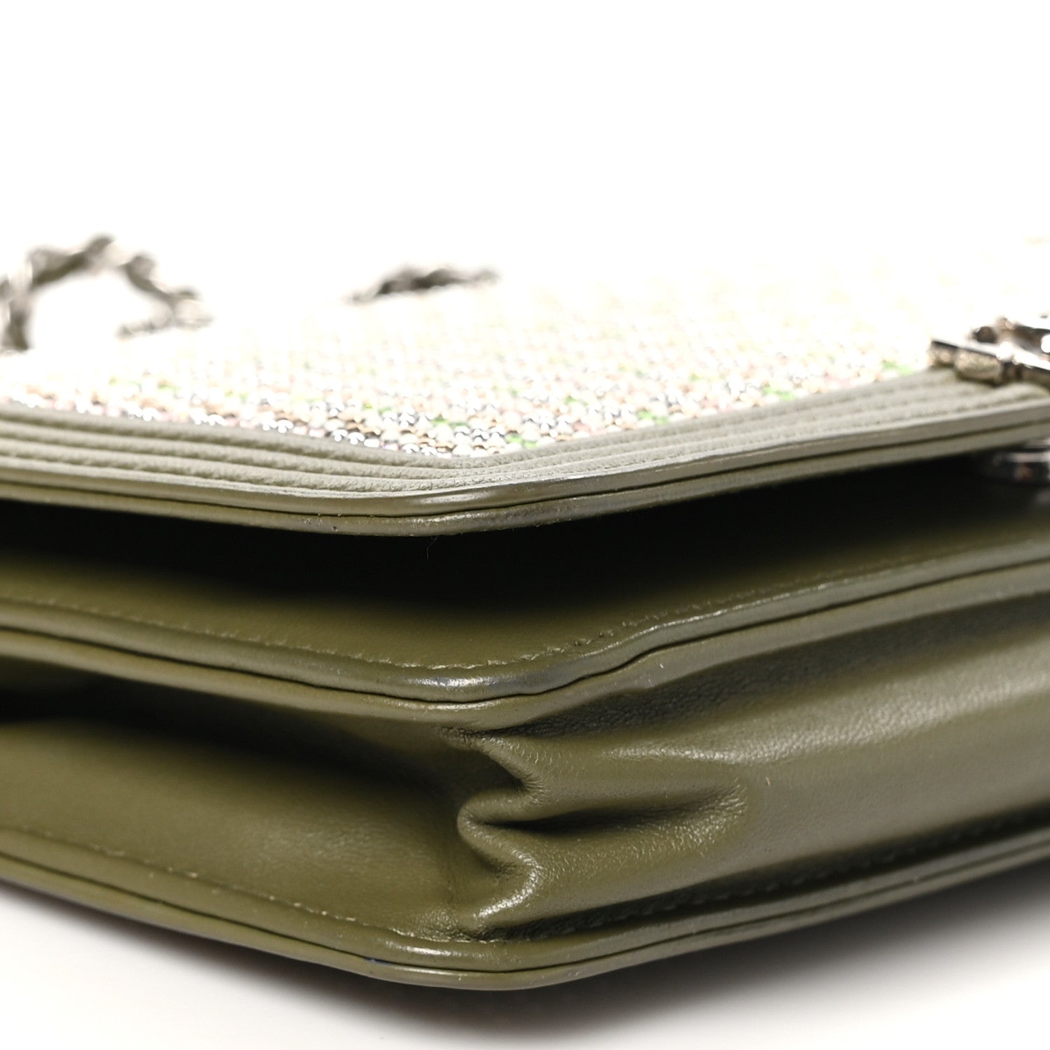 Chanel Calfskin Crystal Studded Boy Wallet On Chain WOC Khaki 9 of 12