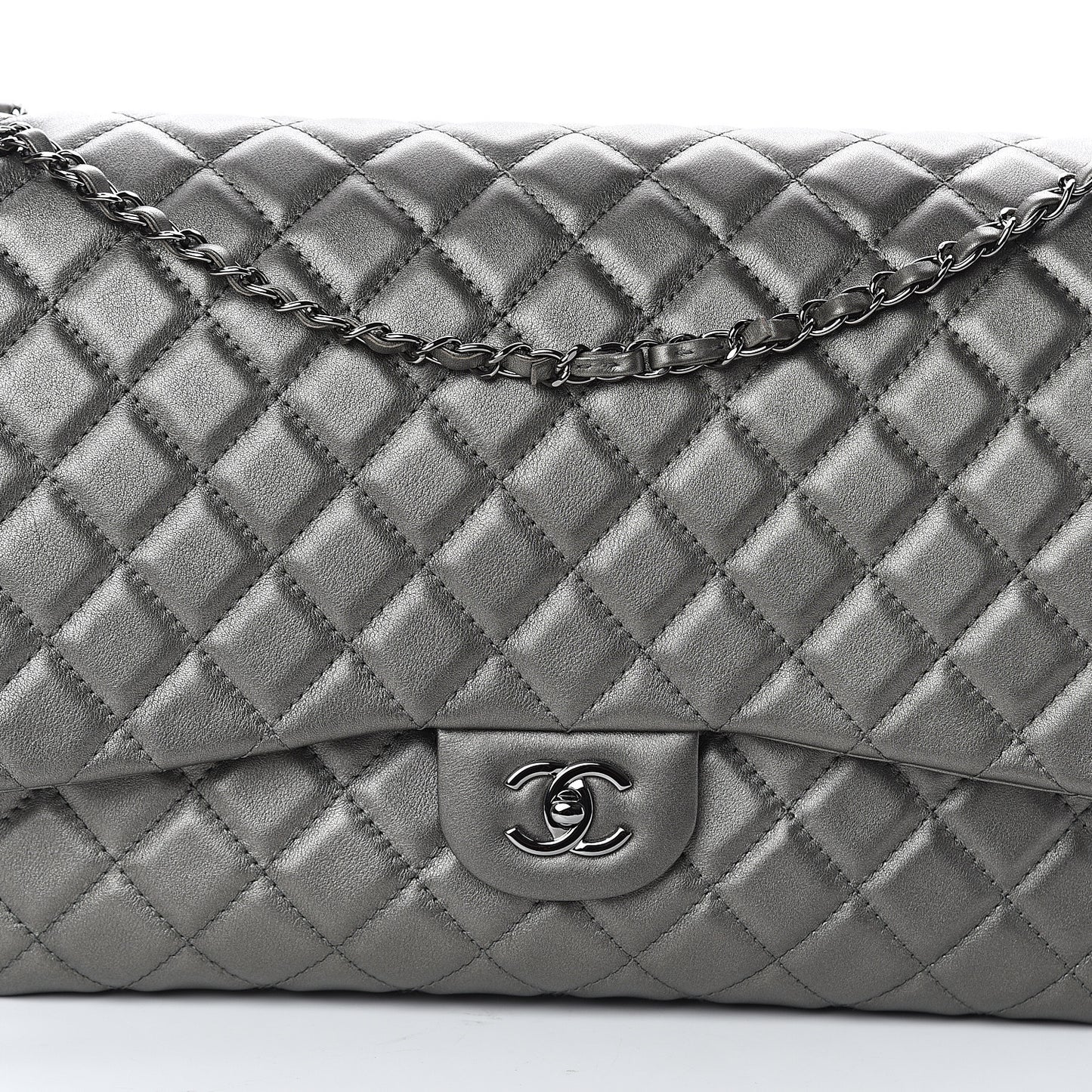 Metallic Calfskin Quilted Small XXL Travel Flap Bag Dark Silver