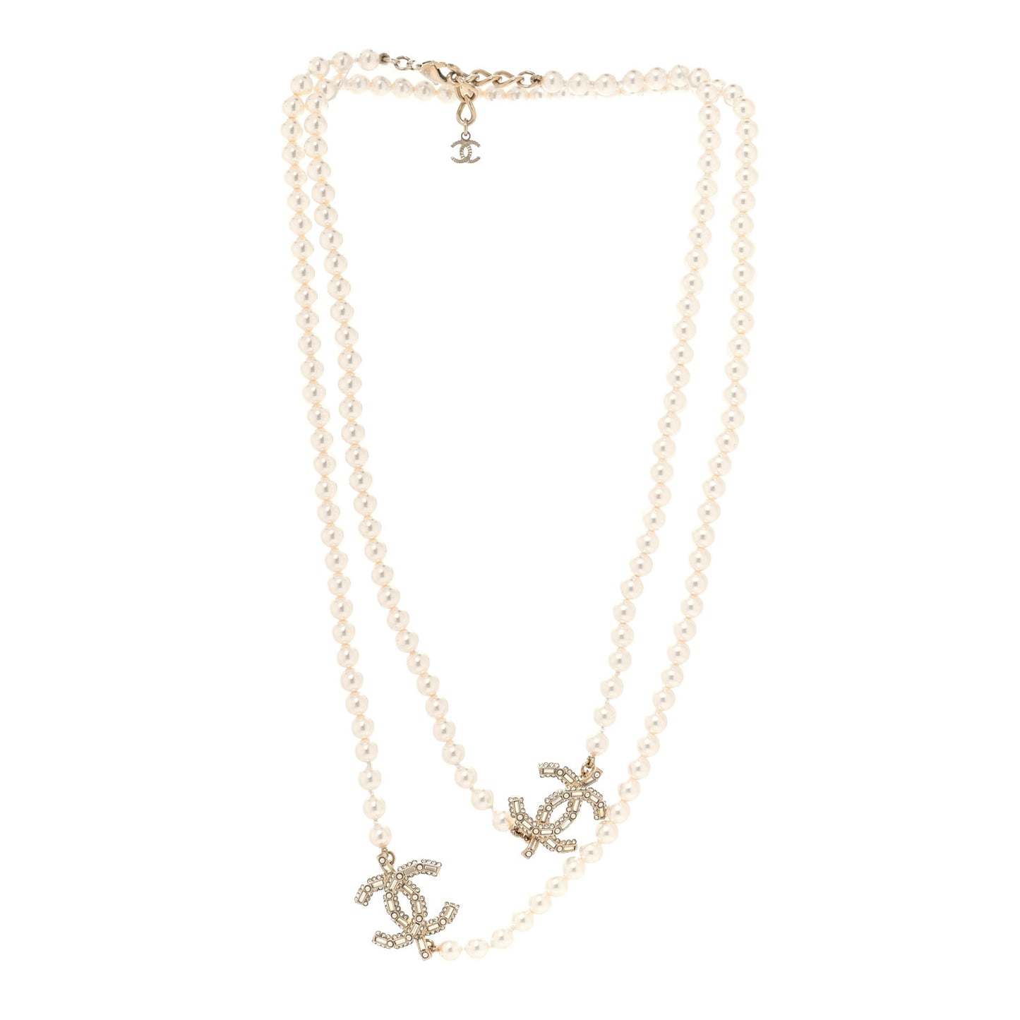 Pearl Baguette Crystal CC Long Necklace Gold