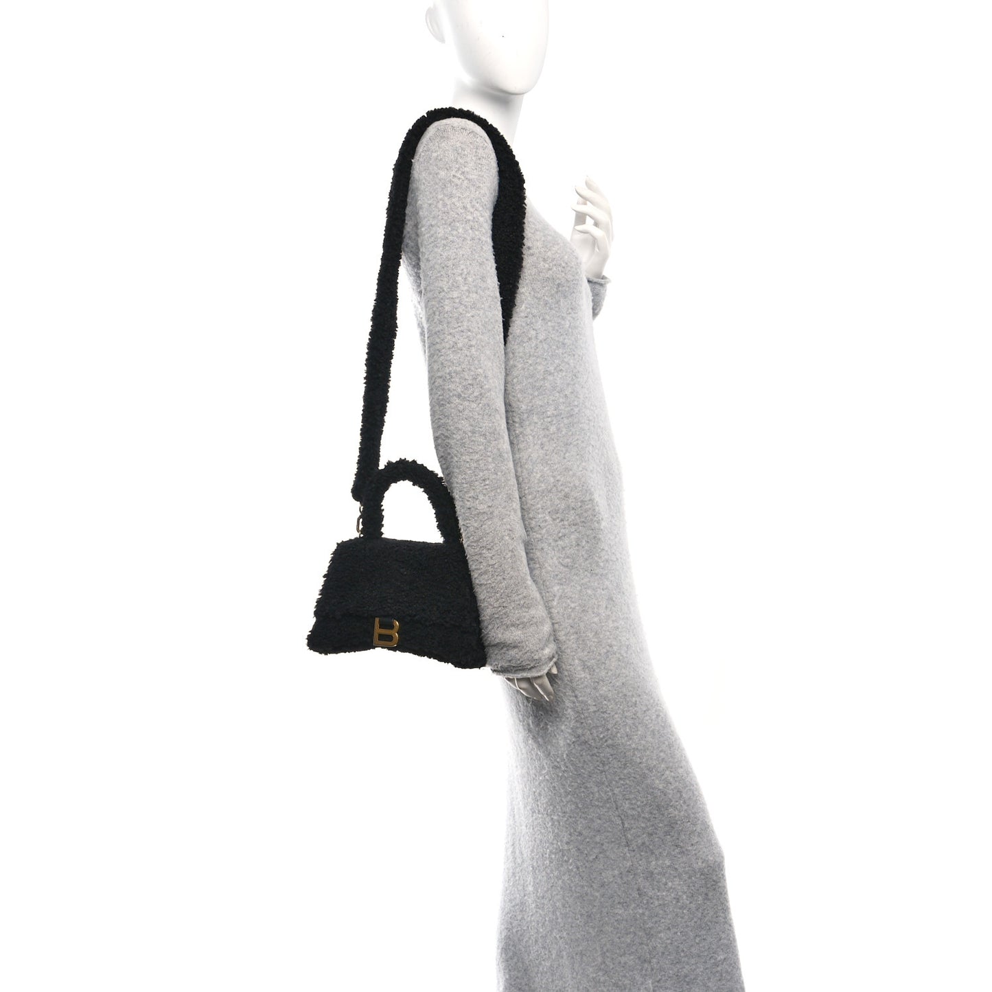 Curly Faux Shearling Small Hourglass Top Handle Bag  Black