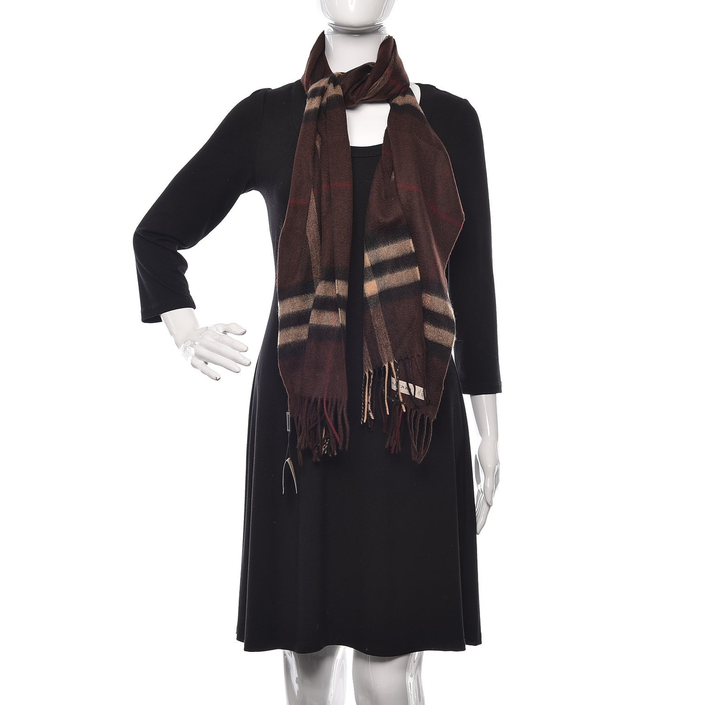 Cashmere Giant Check Fringe Scarf Dark Chestnut
