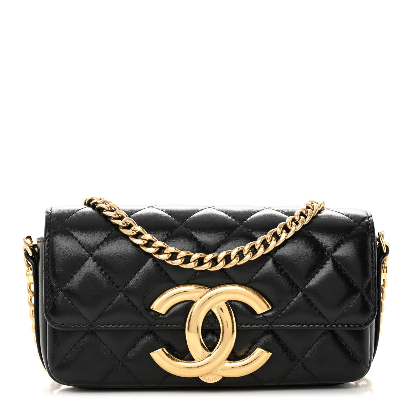 Shiny Calfskin Quilted Flap Phone Holder With Chain Black