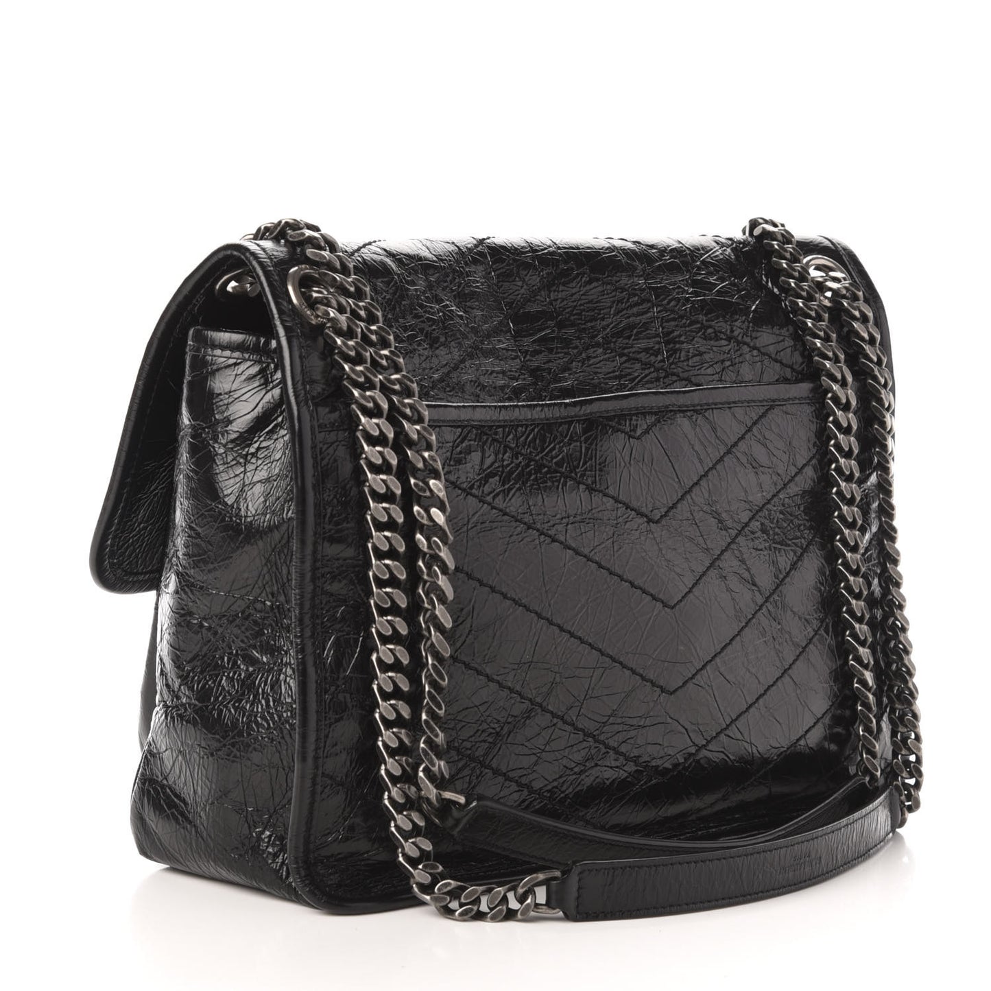 Crinkled Calfskin Matelasse Monogram Medium Niki Chain Satchel Black