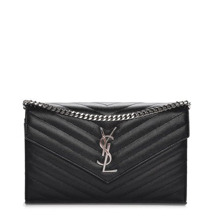 Saint Laurent Grain De Poudre Matelasse Chevron Monogram Chain Wallet Black 1 of 7