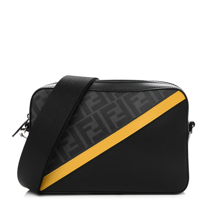 Fendi Glazed Fabric Vitello Liberty FF 1974 Diagonal Medium Camera Case Black Sunflower 1 of 11