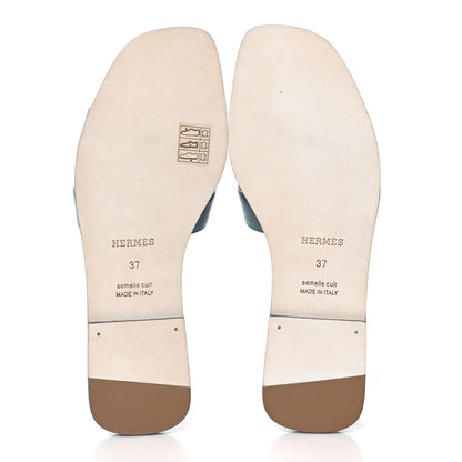 Hermes Box Calfskin Oran Sandals 37 Bleu Pinede 5 of 9