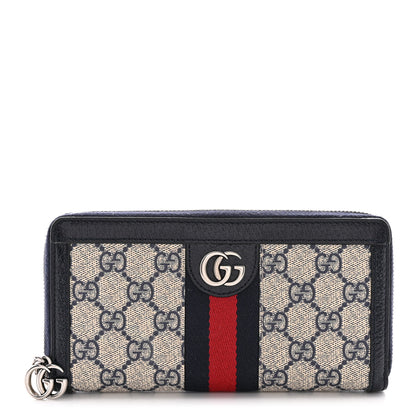 Gucci GG Supreme Monogram Textured Dollar Calfskin Web Ophidia Zip Around Wallet Beige Blue 1 of 11