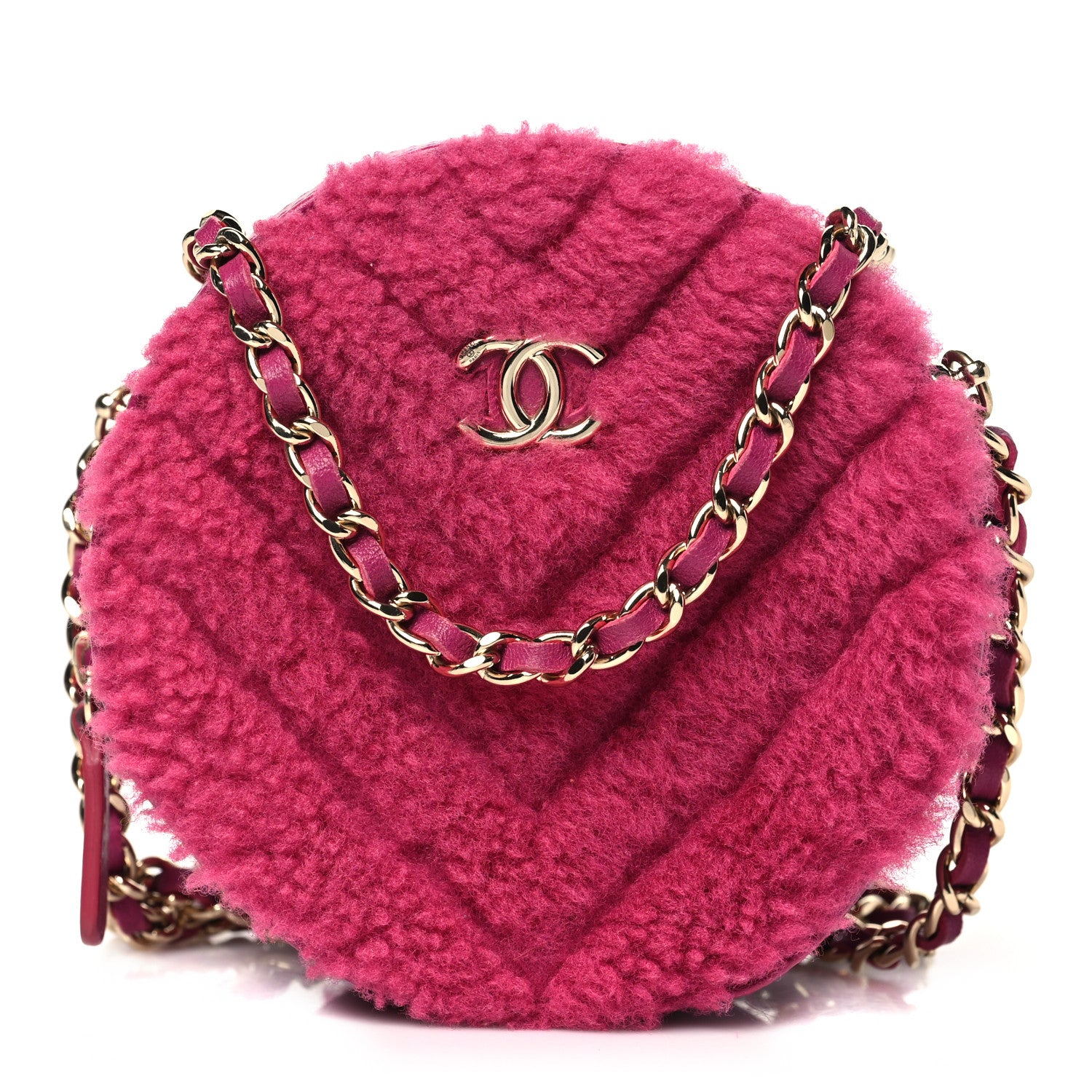 Chanel Shearling Chevron Quilted Round Clutch With Chain Pink 1 of 10