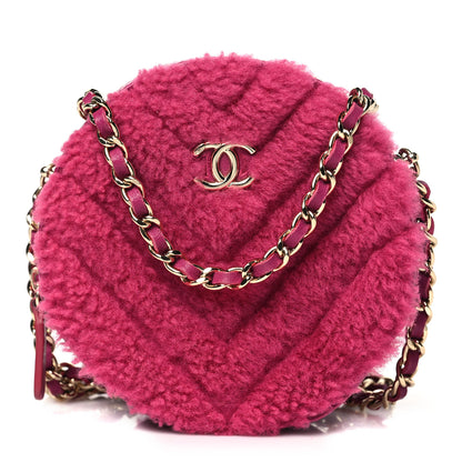 Chanel Shearling Chevron Quilted Round Clutch With Chain Pink 1 of 10