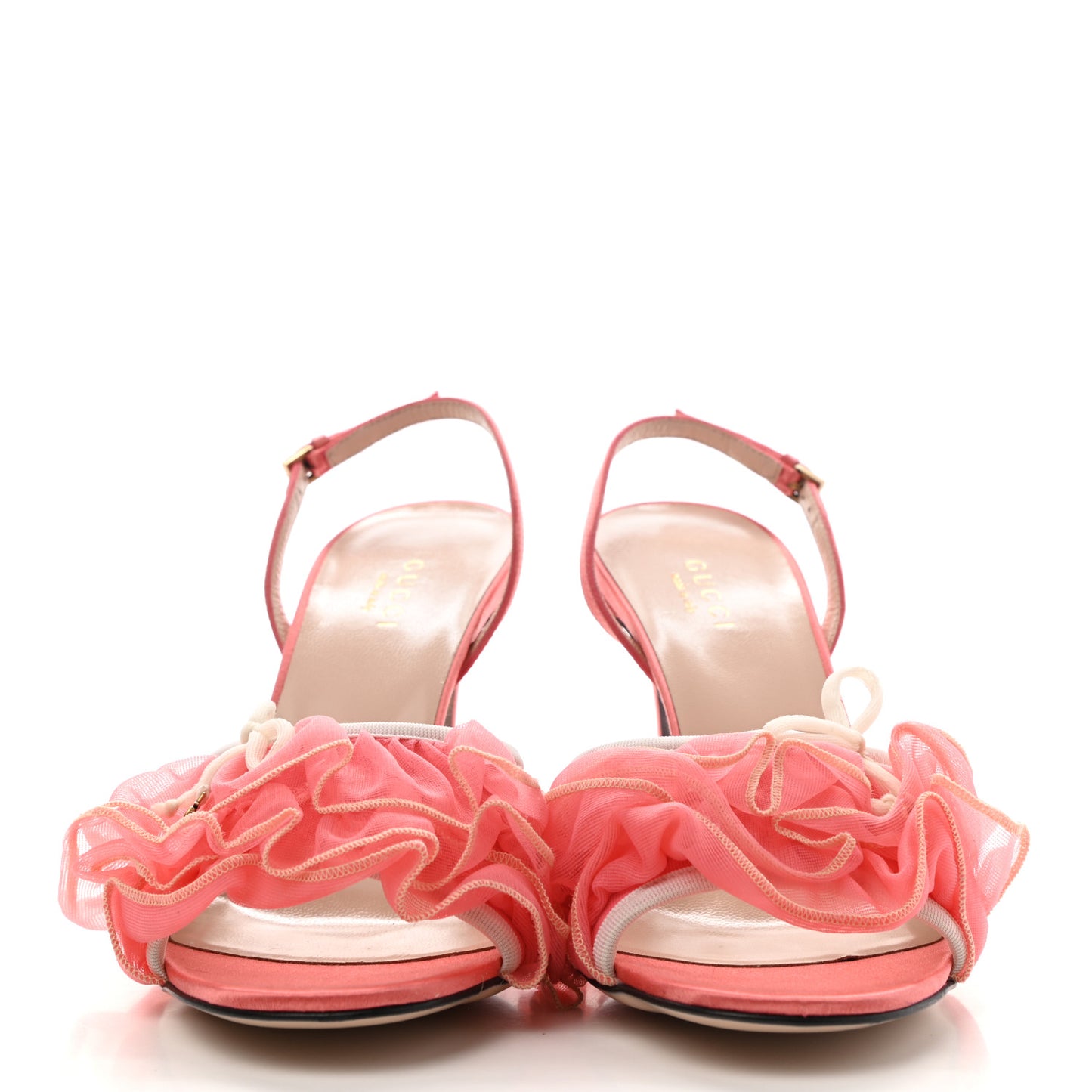 Tulle Ruffle Mid Heel Slingback Sandals 37 Peach White
