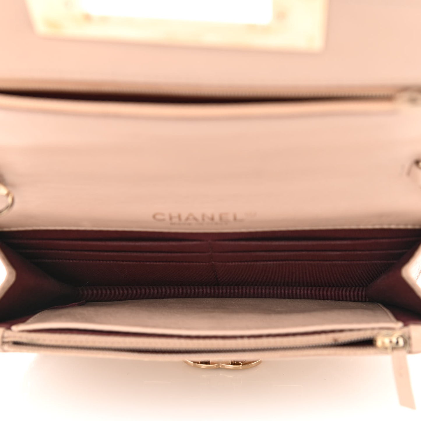 Patent Quilted Golden Class Wallet on Chain WOC Light Beige