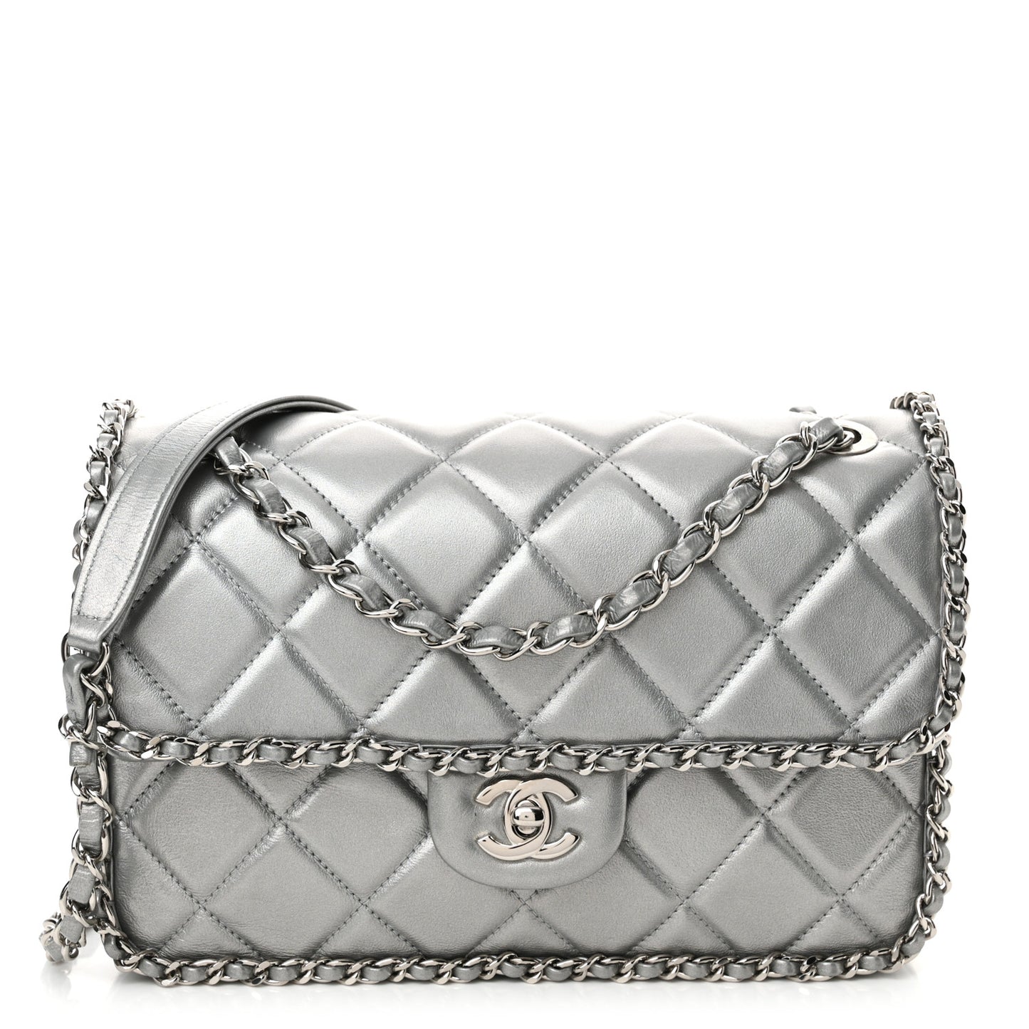 Metallic Lambskin Medium Chain All Over Flap Silver