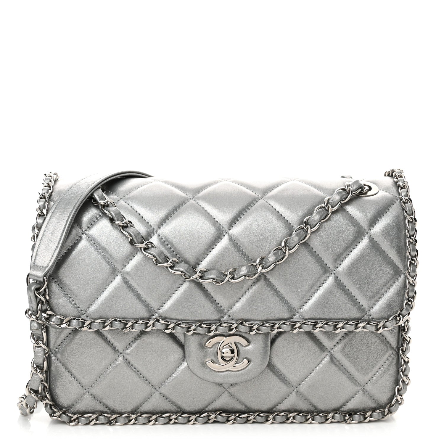 Chanel Metallic Lambskin Medium Chain All Over Flap Silver 1 of 12