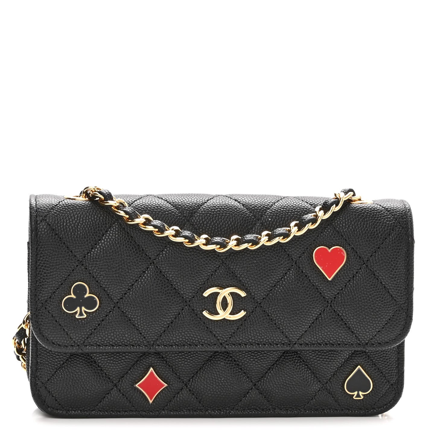 Caviar Quilted Enamel Coco Casino Flap Phone Holder With Chain Black