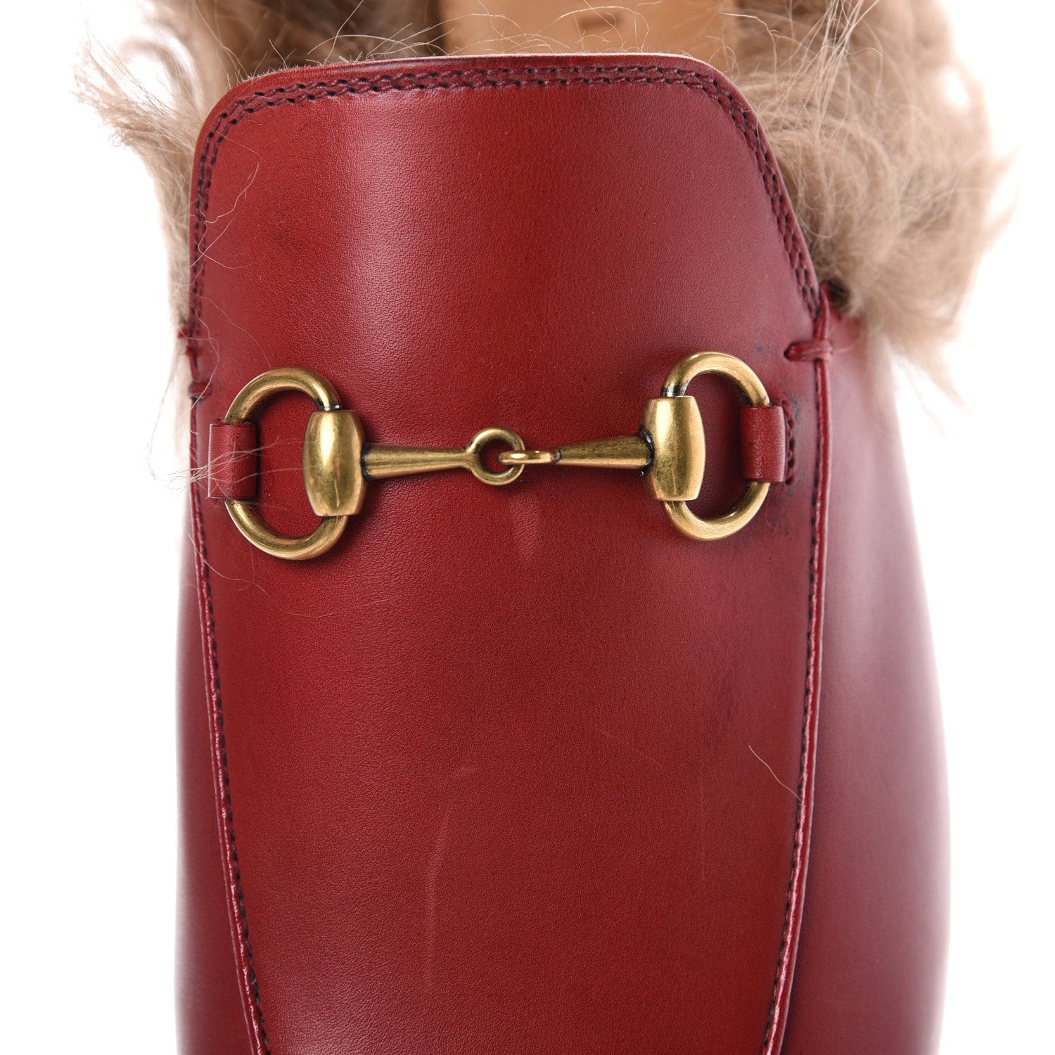 Gucci Betis Glamour Calfskin Fur Womens Princetown Slippers 37.5 Hibiscus Red Naturale 9 of 12