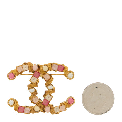 Chanel Pearl Crystal CC Charms Brooch Gold Pink 2 of 4
