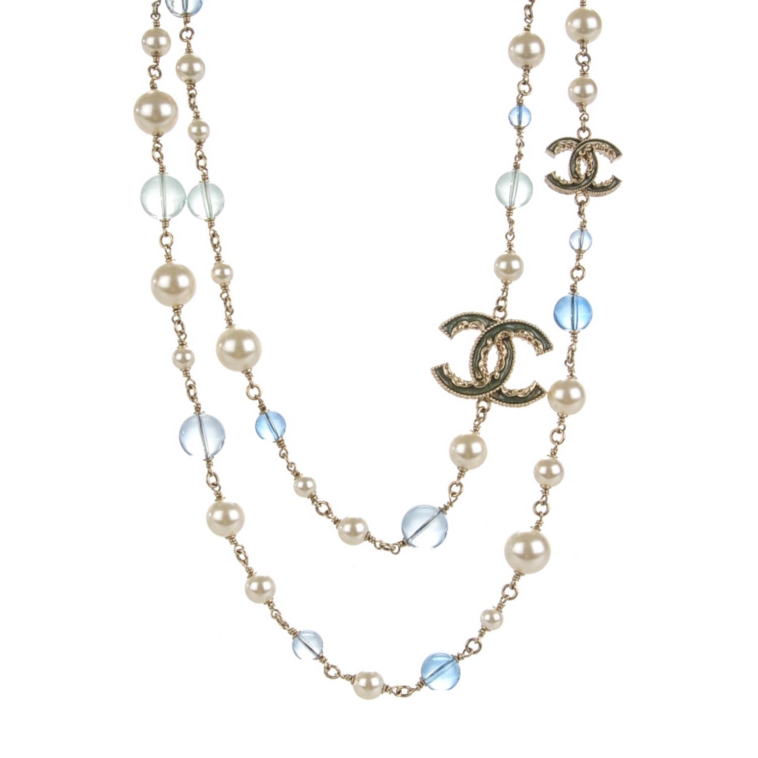 Chanel Pearl Bead Enamel CC Long Necklace Gold Blue 1 of 5