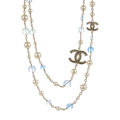 Chanel Pearl Bead Enamel CC Long Necklace Gold Blue 1 of 5