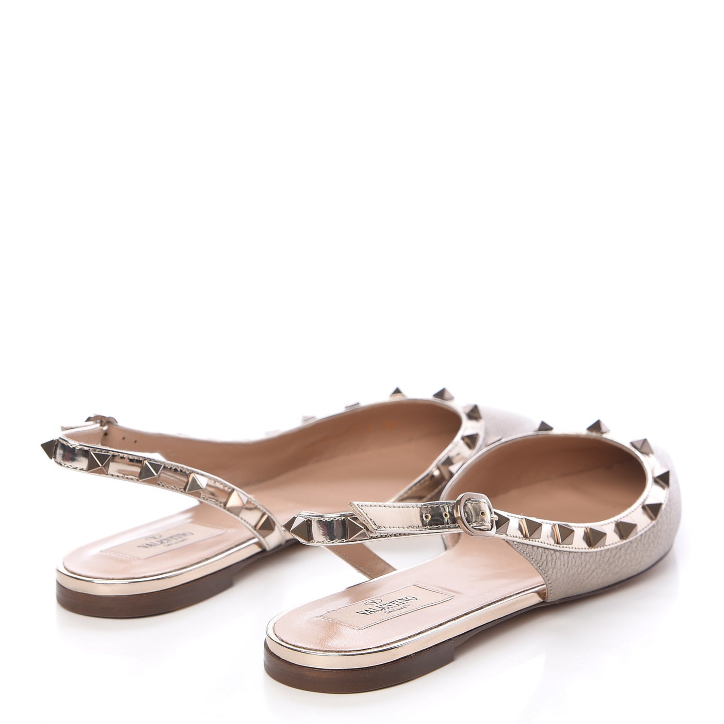 Metallic Pebbled Calfskin Patent Rockstud Slingback Flats 38 Skin