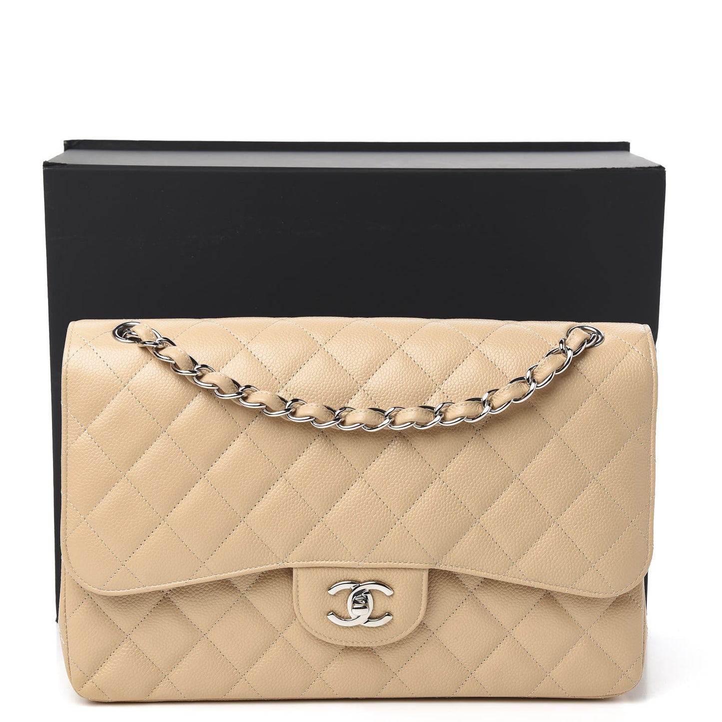 Caviar Quilted Jumbo Double Flap Light Beige