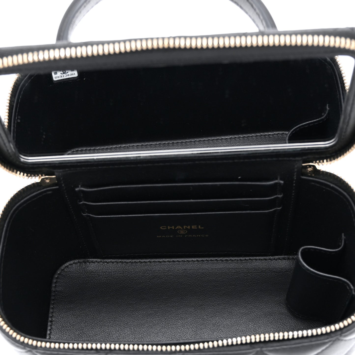 Lambskin Quilted Small Top Handle Vanity Case With Chain Black