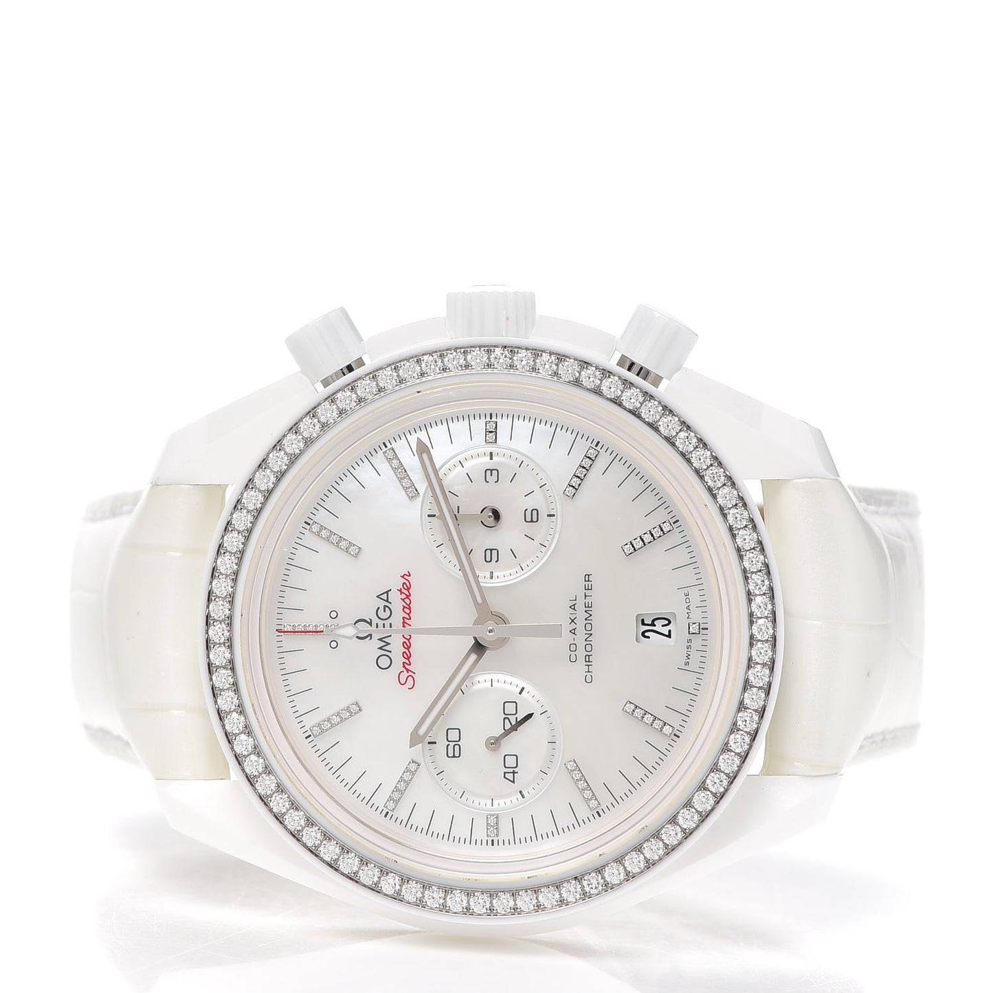 Ceramic Alligator Diamond Bezel Mother of Pearl 44mm Speedmaster White Side of the Moon Automatic Watch 311.98.44.51.55.001