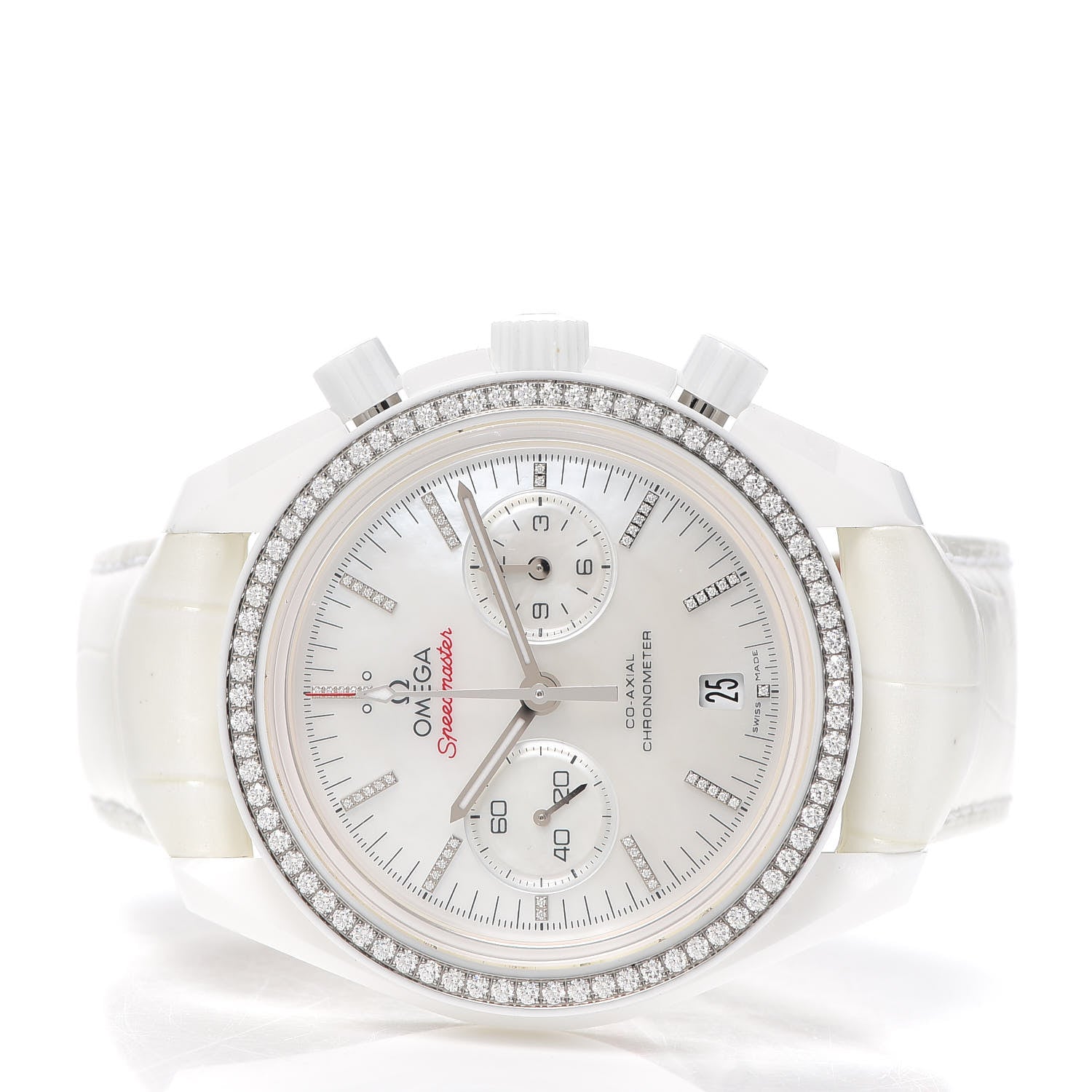 Omega Ceramic Alligator Diamond Bezel Mother of Pearl 44mm Speedmaster White Side of the Moon Automatic Watch 311.98.44.51.55.001 2 of 6