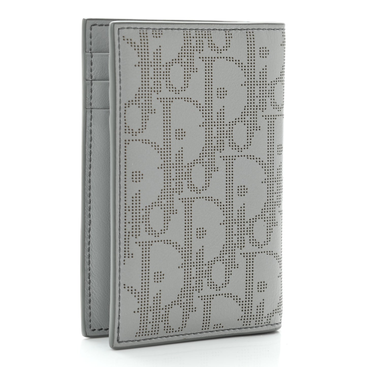 Calfskin Perforated Oblique Bi-Fold Card Holder Grey