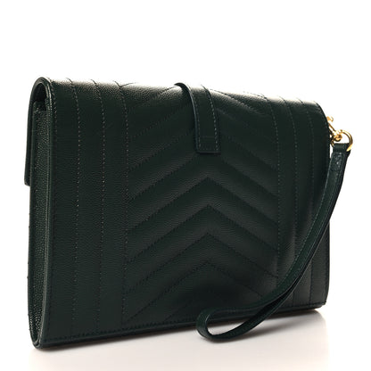 Saint Laurent Grain De Poudre Textured Mixed Matelasse Triquilt Monogram Clutch Vert Fonce 3 of 10