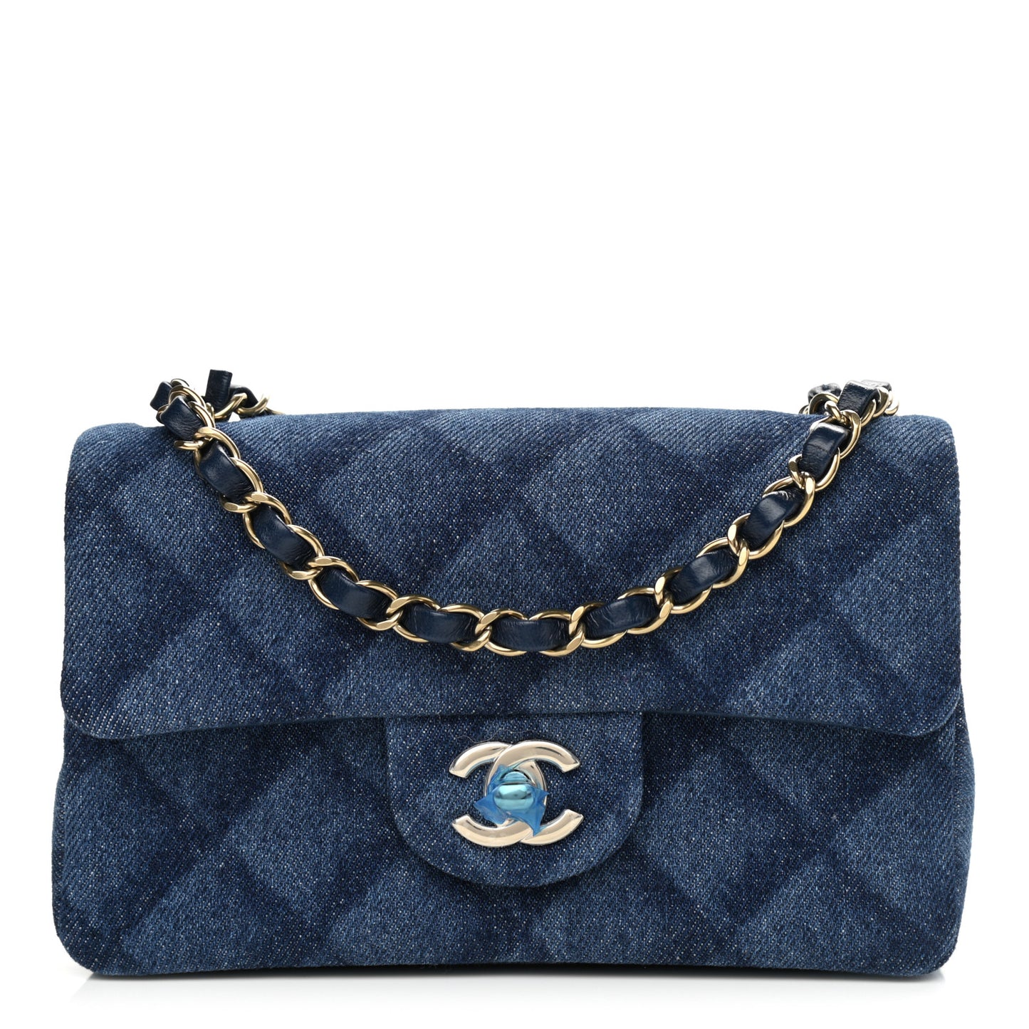 Printed Denim Quilted Mini Rectangular Flap Dark Blue