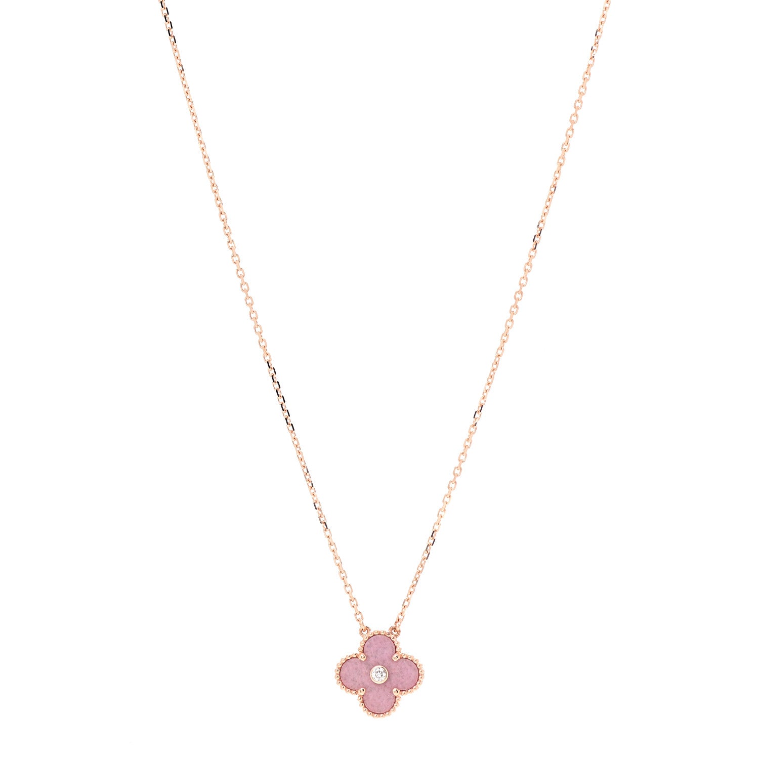 Van Cleef & Arpels 18K Rose Gold Diamond Rhodonite Vintage Alhambra Pendant Necklace 1 of 7