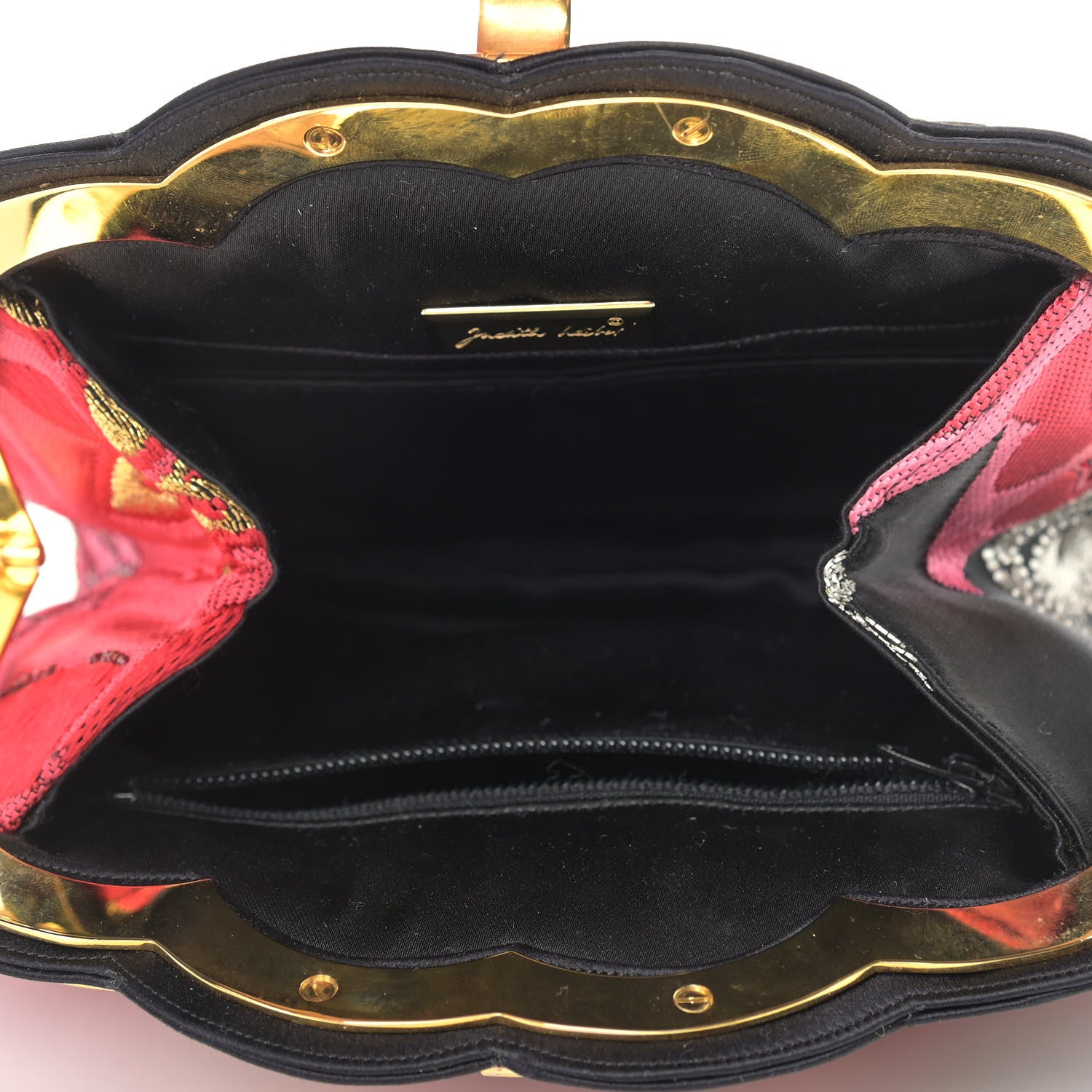 Judith Leiber Satin Crystal Embroidered Clutch Red Black 5 of 9