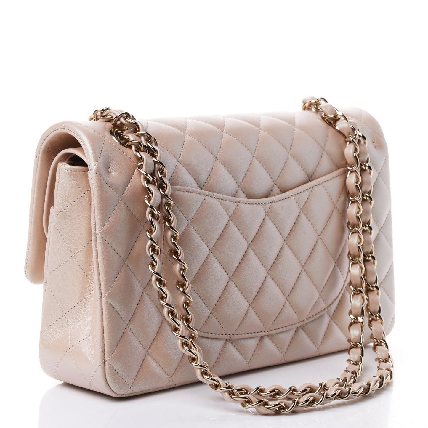 Iridescent Calfskin Quilted Medium Double Flap Beige