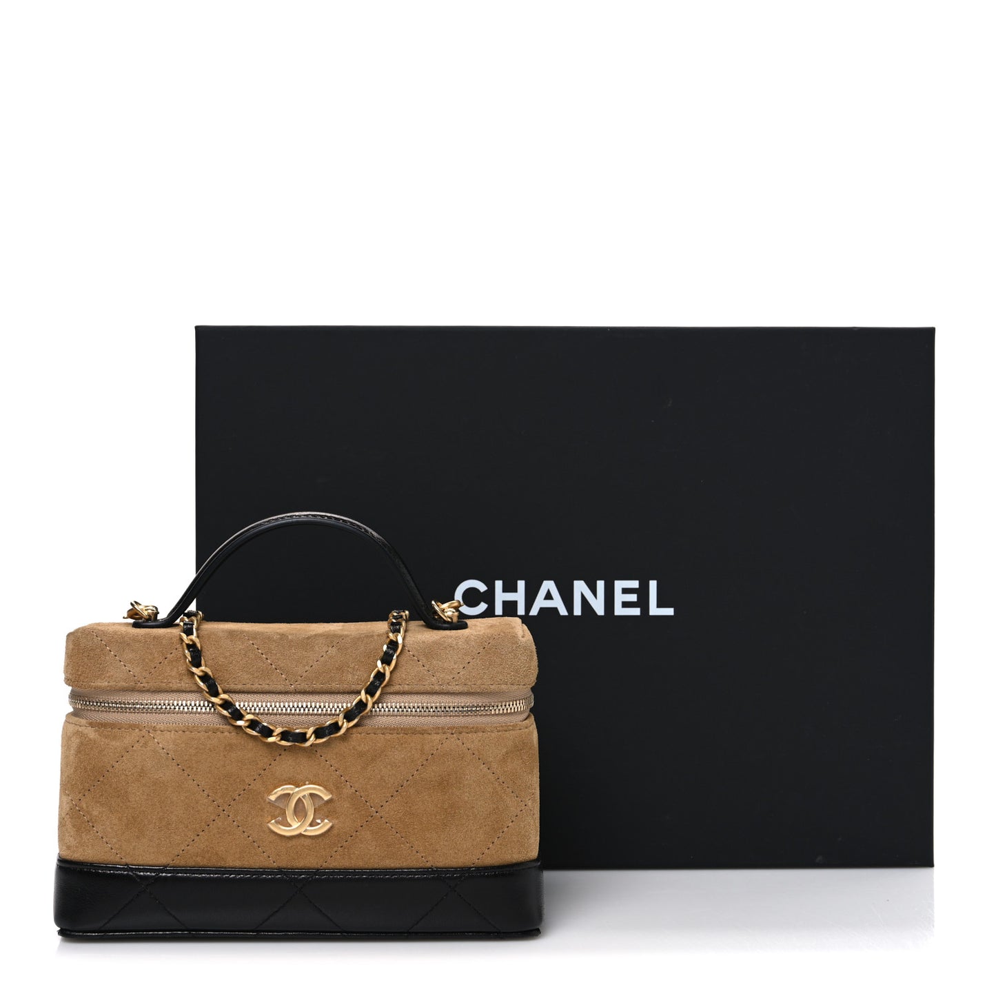 Suede Calfskin Shiny Lambskin Stitched Top Handle Slim Vanity Case With Chain Beige Black