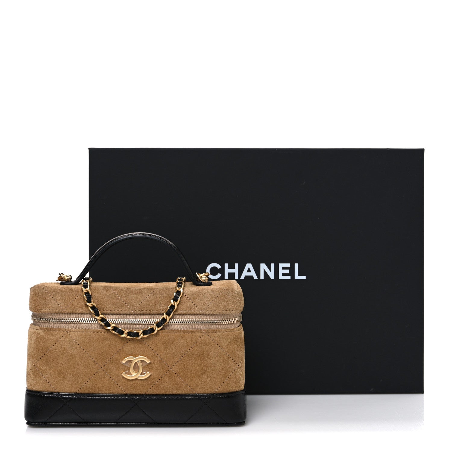 Chanel Suede Calfskin Shiny Lambskin Stitched Top Handle Slim Vanity Case With Chain Beige Black 11 of 11