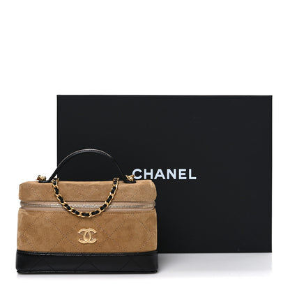 Chanel Suede Calfskin Shiny Lambskin Stitched Top Handle Slim Vanity Case With Chain Beige Black 11 of 11