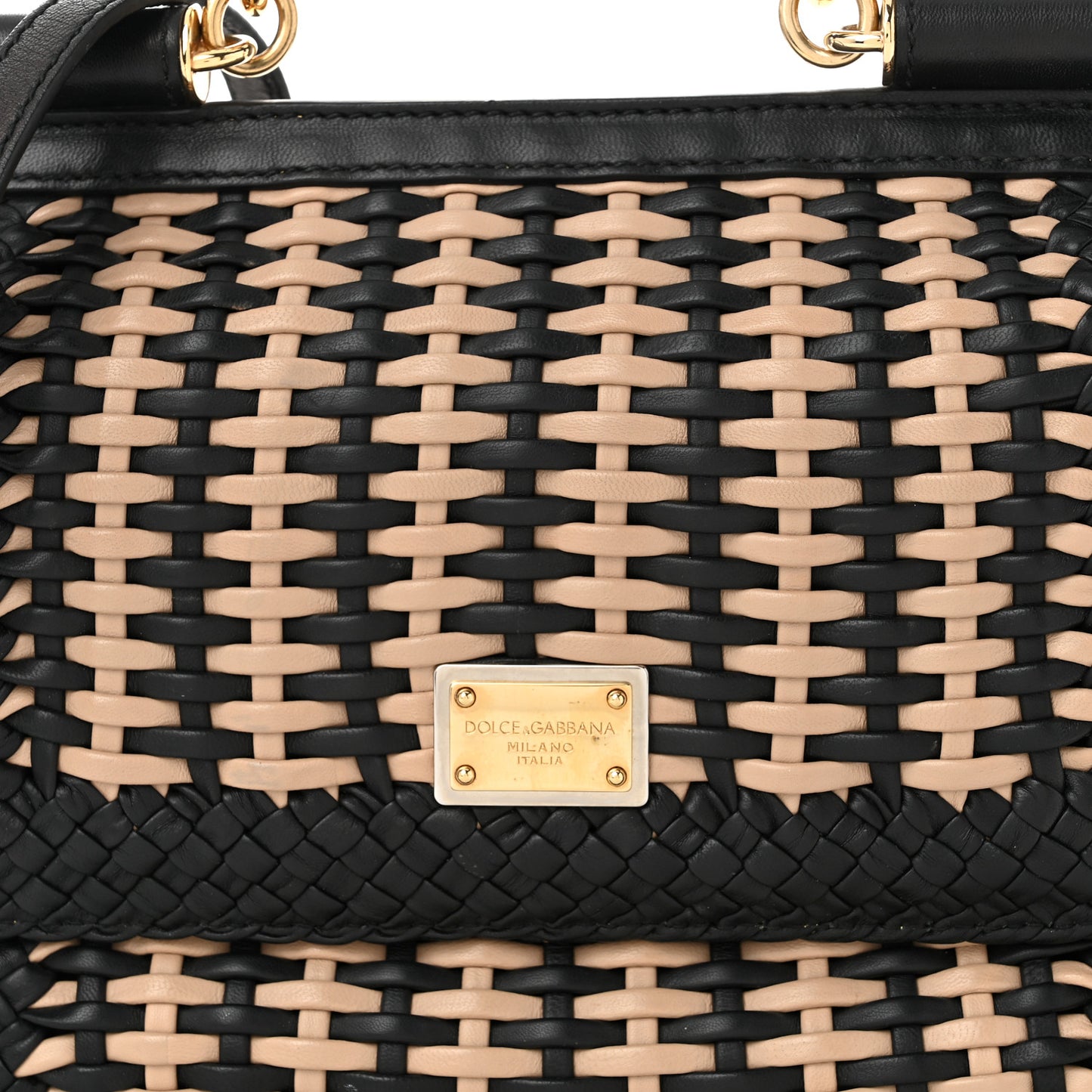 Calfskin Woven Medium Sicily Satchel Black Beige