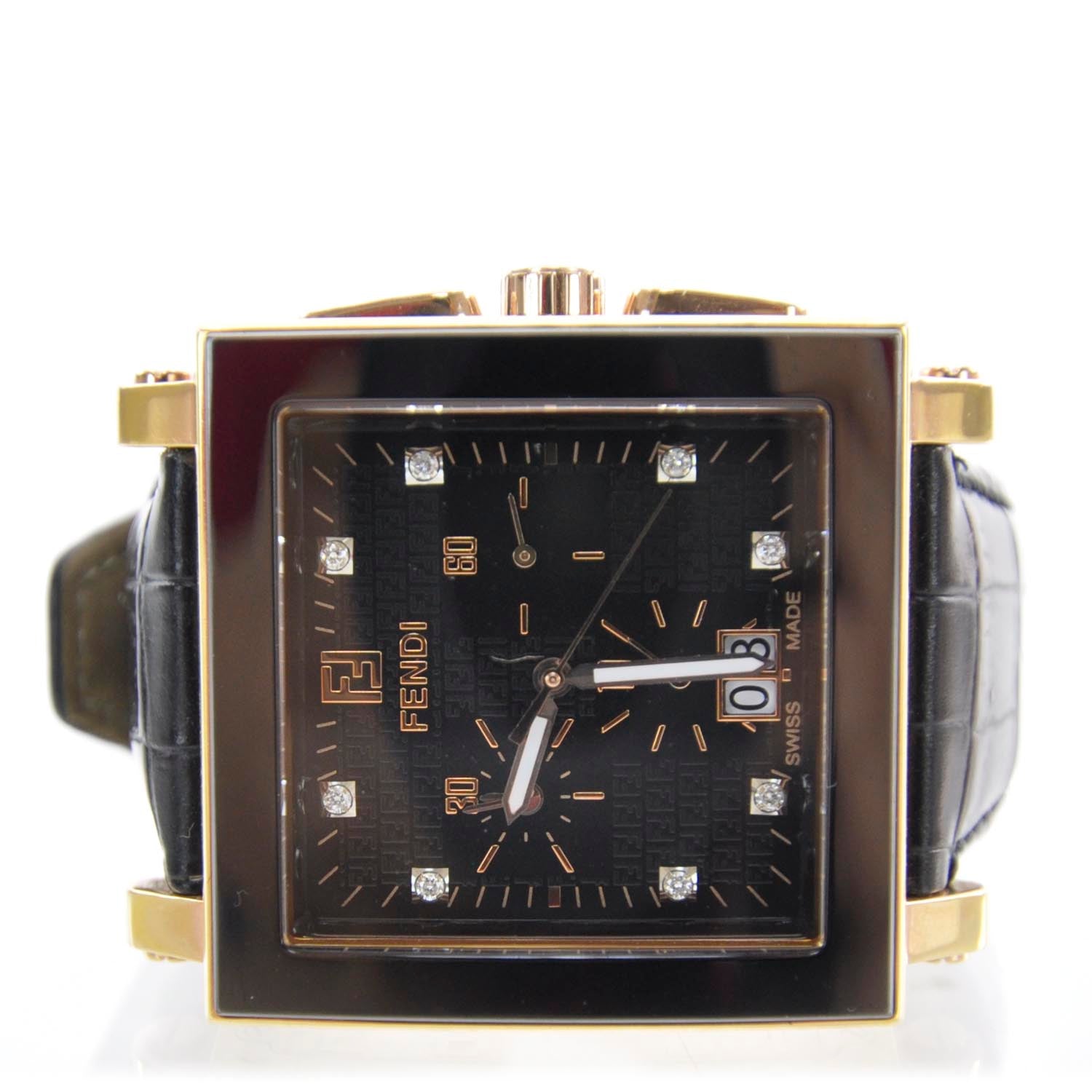 Fendi Stainless Steel Ceramic Calfskin Diamond 39mm Quadro Quartz Watch Black 1 of 8
