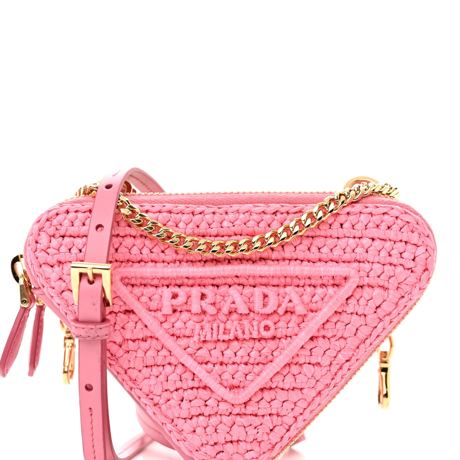 Prada Raffia Calfskin Crochet Logo Embroidered Mini Triangle Pouch Petalo 9 of 12