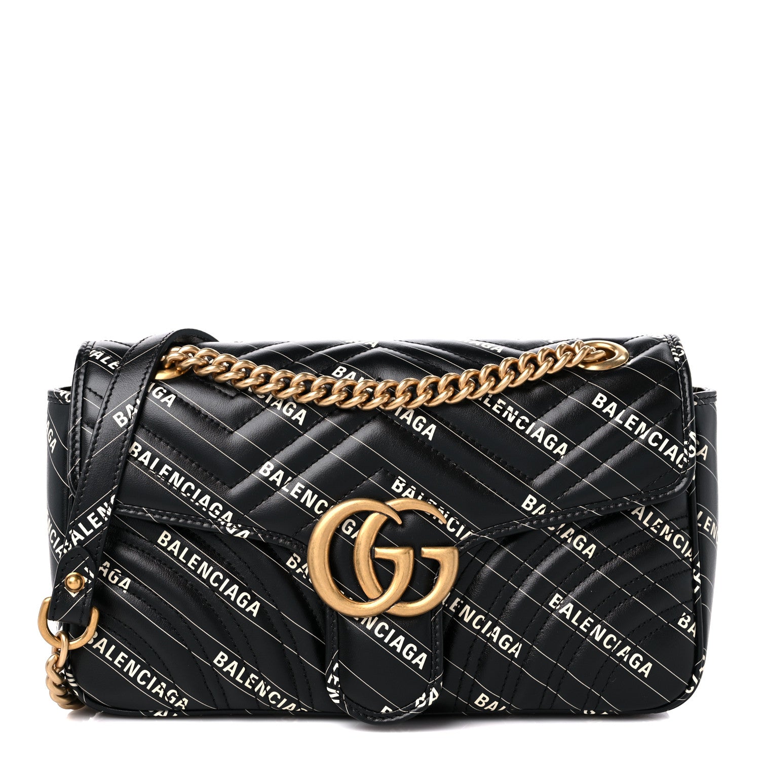 Gucci X BALENCIAGA Calfskin Matelasse Logo Print Small GG Marmont Shoulder Bag Black 1 of 9