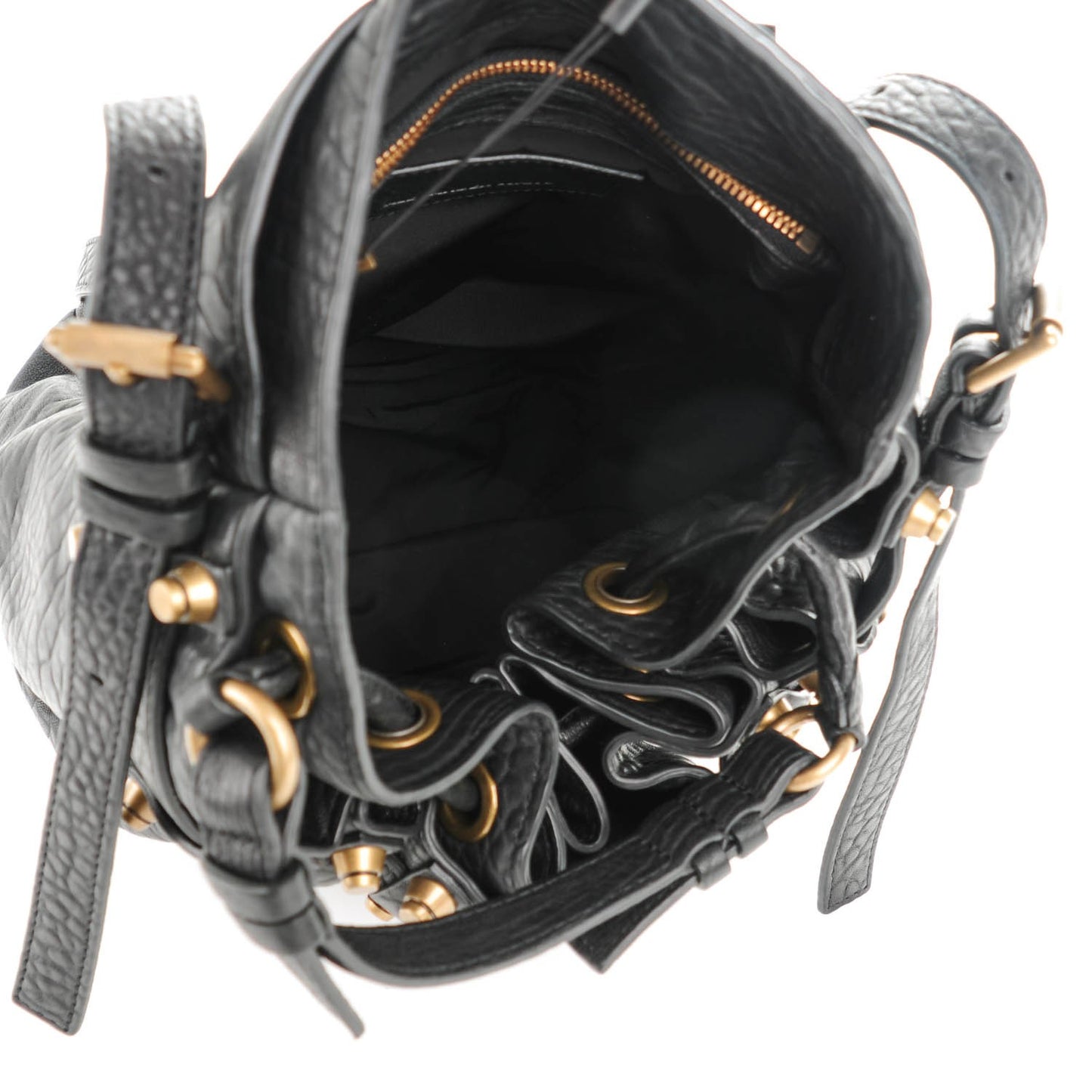 Pebbled Lambskin Diego Bucket Black Antique Brass Hardware