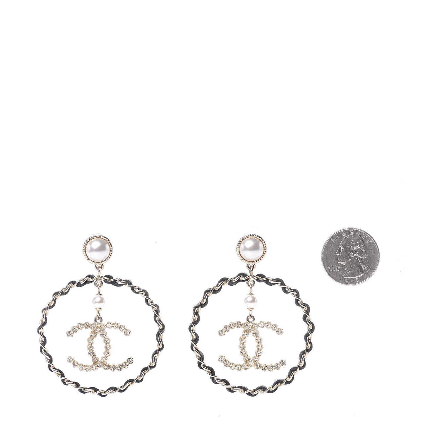 Lambskin Crystal Pearl CC Chain Hoop Earrings Gold Black