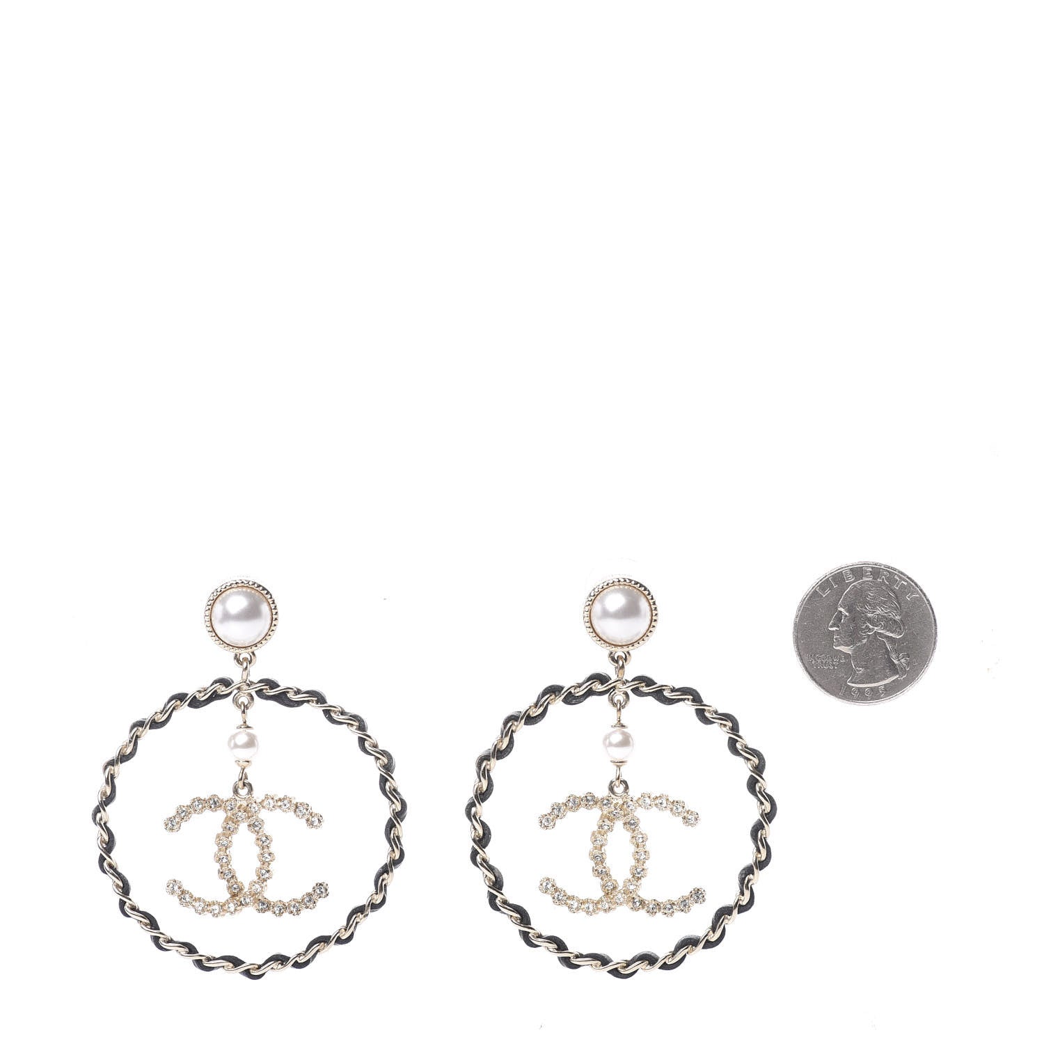 Chanel Lambskin Crystal Pearl CC Chain Hoop Earrings Gold Black 2 of 5