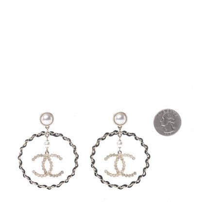 Chanel Lambskin Crystal Pearl CC Chain Hoop Earrings Gold Black 2 of 5