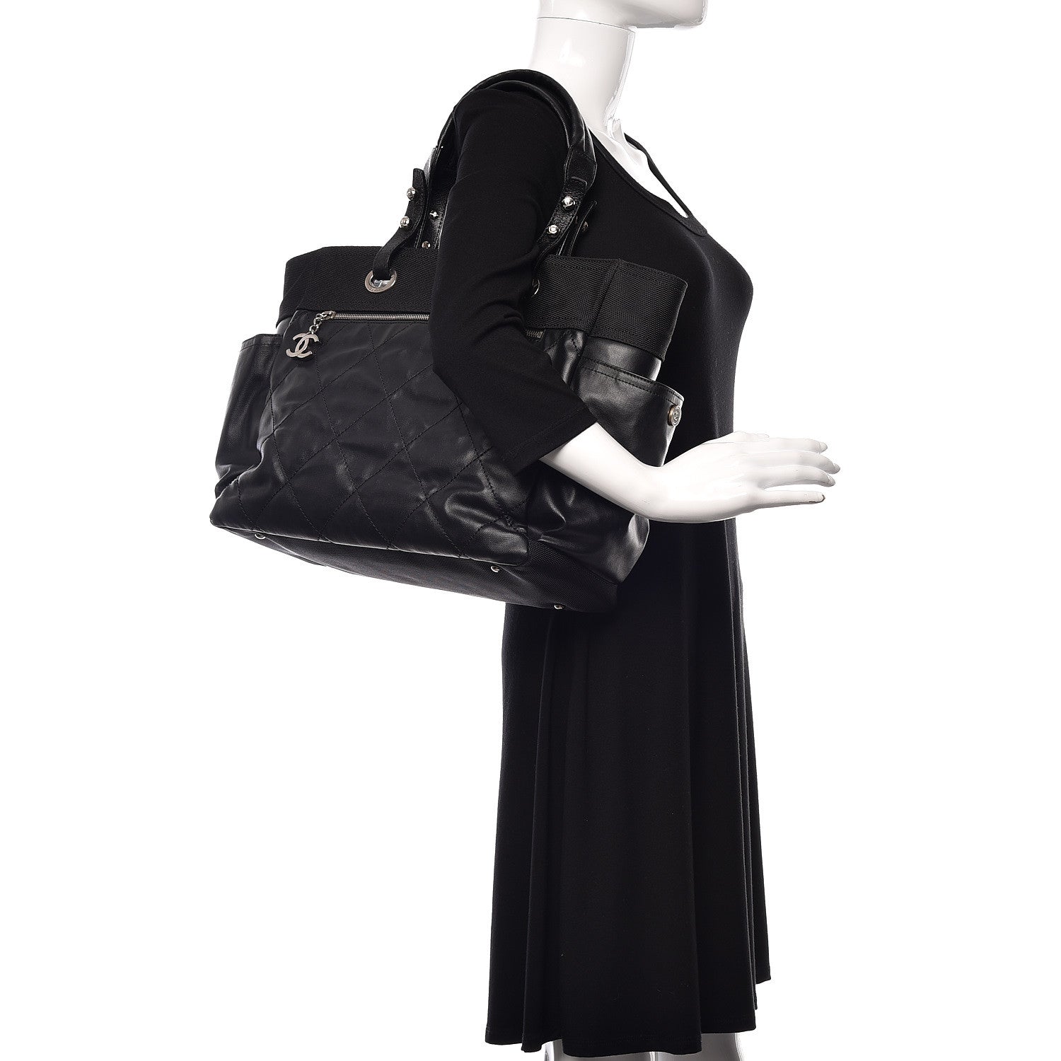 Chanel Coated Canvas Quilted Large Paris Biarritz Tote Black 2 of 10