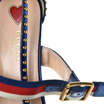 Gucci Metallic Nappa Silk Grosgrain Studded Sylvie Web Bamboo Low Heel Pumps 36.5 Sapphire 12 of 13