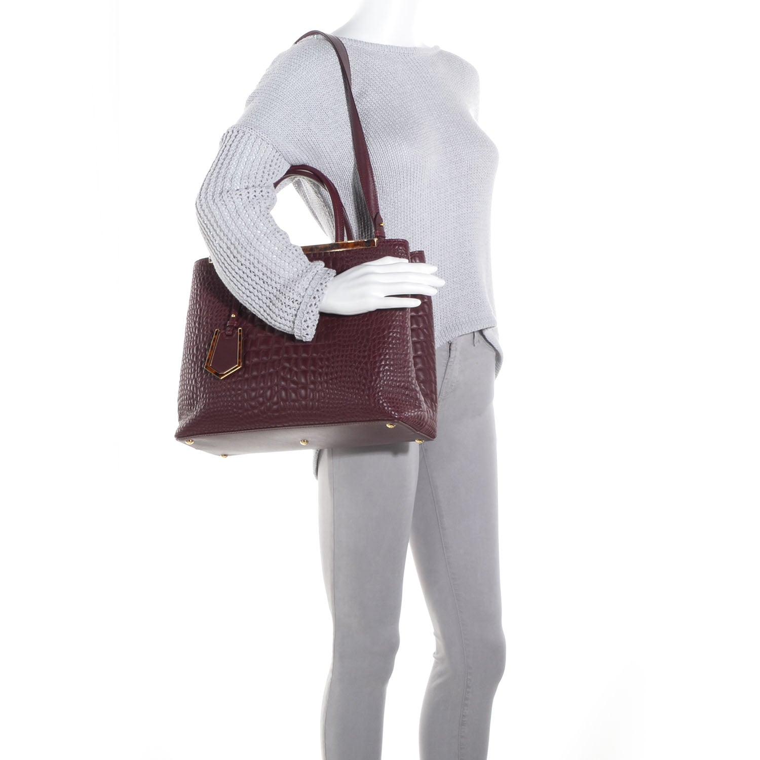 Fendi Nappa Crocodile Trapuntata Medium 2Jours Tote Bordeaux 2 of 11